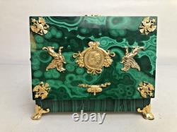 Vintage Russian Hinged Natural Malachite Box with Nicholas The II Medallion