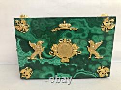 Vintage Russian Hinged Natural Malachite Box with Nicholas The II Medallion