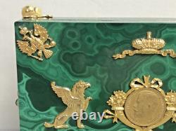 Vintage Russian Hinged Natural Malachite Box with Nicholas The II Medallion