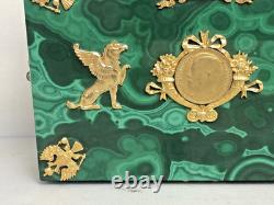 Vintage Russian Hinged Natural Malachite Box with Nicholas The II Medallion