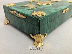 Vintage Russian Hinged Natural Malachite Box with Nicholas The II Medallion