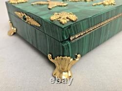 Vintage Russian Hinged Natural Malachite Box with Nicholas The II Medallion