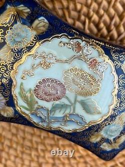 Vintage Satsuma Trinket Box Gold Gilt Cobalt Blue Floral Scalloped Lid Stash