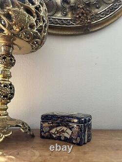Vintage Satsuma Trinket Box Gold Gilt Cobalt Blue Floral Scalloped Lid Stash