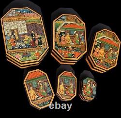 Vintage Set of 6 Lrg Persian Lacquered Nesting Boxes Razmnama Mahabharata Style