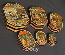 Vintage Set of 6 Lrg Persian Lacquered Nesting Boxes Razmnama Mahabharata Style