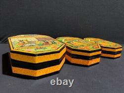 Vintage Set of 6 Lrg Persian Lacquered Nesting Boxes Razmnama Mahabharata Style