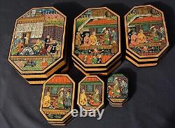 Vintage Set of 6 Lrg Persian Lacquered Nesting Boxes Razmnama Mahabharata Style