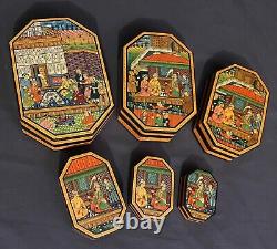 Vintage Set of 6 Lrg Persian Lacquered Nesting Boxes Razmnama Mahabharata Style