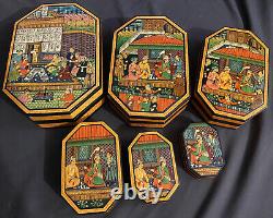 Vintage Set of 6 Lrg Persian Lacquered Nesting Boxes Razmnama Mahabharata Style