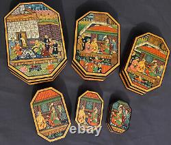 Vintage Set of 6 Lrg Persian Lacquered Nesting Boxes Razmnama Mahabharata Style