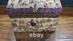 Vintage Sevres Style Hand Painted Porcelain Lidded Dresser Box with Brass Trim