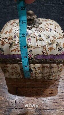 Vintage Sevres Style Hand Painted Porcelain Lidded Dresser Box with Brass Trim