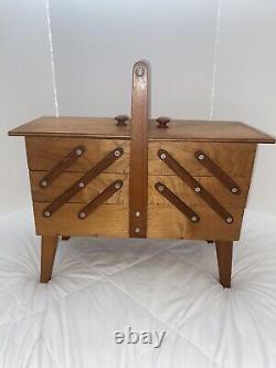 Vintage Sewing Box Wood 3 Tier Accordion Style with Legs Rare Full Of Contents