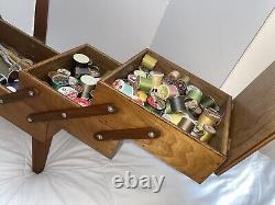 Vintage Sewing Box Wood 3 Tier Accordion Style with Legs Rare Full Of Contents