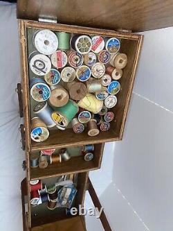 Vintage Sewing Box Wood 3 Tier Accordion Style with Legs Rare Full Of Contents