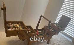 Vintage Sewing Box Wood 3 Tier Accordion Style with Legs Rare Full Of Contents