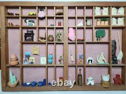 Vintage Shadow Box 22.50 x 15.25 with contents 60+ assrtd miniatures. Some rare