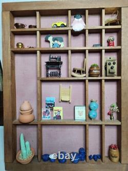 Vintage Shadow Box 22.50 x 15.25 with contents 60+ assrtd miniatures. Some rare