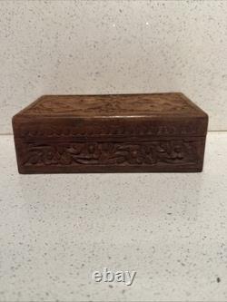 Vintage Sheesham Wood Carved Box Boho Floral Trinket Jewelry Chest Hinged