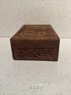 Vintage Sheesham Wood Carved Box Boho Floral Trinket Jewelry Chest Hinged