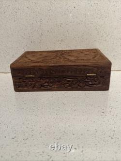 Vintage Sheesham Wood Carved Box Boho Floral Trinket Jewelry Chest Hinged
