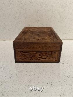 Vintage Sheesham Wood Carved Box Boho Floral Trinket Jewelry Chest Hinged