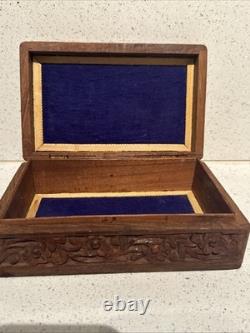 Vintage Sheesham Wood Carved Box Boho Floral Trinket Jewelry Chest Hinged