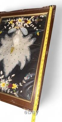 Vintage Shell Art Shadow Box Peacock Bird Design