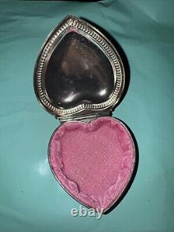 Vintage Silver Heart Shaped Trinket Jewelry Box Patina Pink Velvet Lined EUC