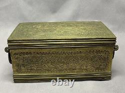 Vintage Solid Brass Treasure Chest Jewelry Trinket Box Handle Hinged Engraved