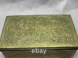 Vintage Solid Brass Treasure Chest Jewelry Trinket Box Handle Hinged Engraved