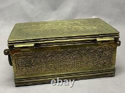 Vintage Solid Brass Treasure Chest Jewelry Trinket Box Handle Hinged Engraved