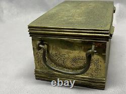 Vintage Solid Brass Treasure Chest Jewelry Trinket Box Handle Hinged Engraved