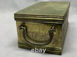 Vintage Solid Brass Treasure Chest Jewelry Trinket Box Handle Hinged Engraved