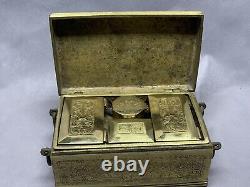 Vintage Solid Brass Treasure Chest Jewelry Trinket Box Handle Hinged Engraved