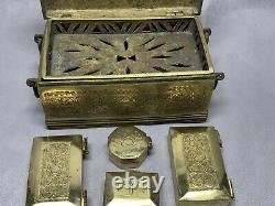 Vintage Solid Brass Treasure Chest Jewelry Trinket Box Handle Hinged Engraved