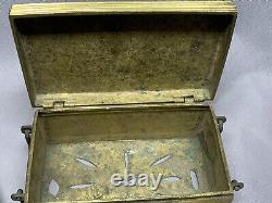 Vintage Solid Brass Treasure Chest Jewelry Trinket Box Handle Hinged Engraved