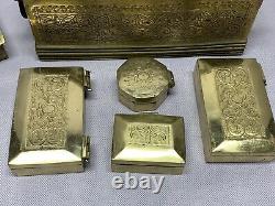 Vintage Solid Brass Treasure Chest Jewelry Trinket Box Handle Hinged Engraved