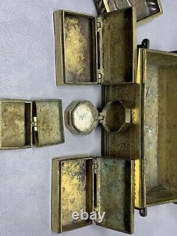 Vintage Solid Brass Treasure Chest Jewelry Trinket Box Handle Hinged Engraved