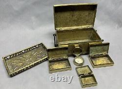 Vintage Solid Brass Treasure Chest Jewelry Trinket Box Handle Hinged Engraved