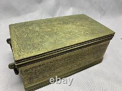 Vintage Solid Brass Treasure Chest Jewelry Trinket Box Handle Hinged Engraved