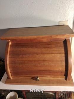 Vintage Solid Cherry Wood Roll Top Bread Box Metal Handle Farmhouse Country Ex