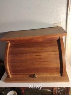 Vintage Solid Cherry Wood Roll Top Bread Box Metal Handle Farmhouse Country Ex