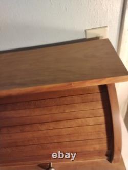 Vintage Solid Cherry Wood Roll Top Bread Box Metal Handle Farmhouse Country Ex