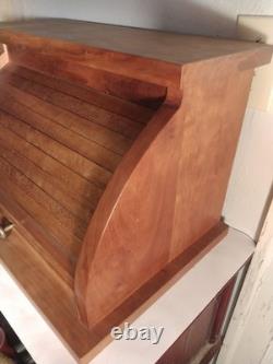 Vintage Solid Cherry Wood Roll Top Bread Box Metal Handle Farmhouse Country Ex