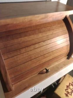 Vintage Solid Cherry Wood Roll Top Bread Box Metal Handle Farmhouse Country Ex