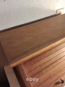 Vintage Solid Cherry Wood Roll Top Bread Box Metal Handle Farmhouse Country Ex