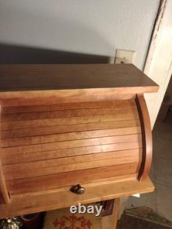 Vintage Solid Cherry Wood Roll Top Bread Box Metal Handle Farmhouse Country Ex