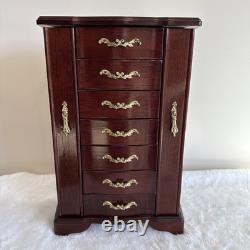 Vintage Solid Wood Jewelry Box Six Drawers Two Swing Doors Lift Up Top & Mirror